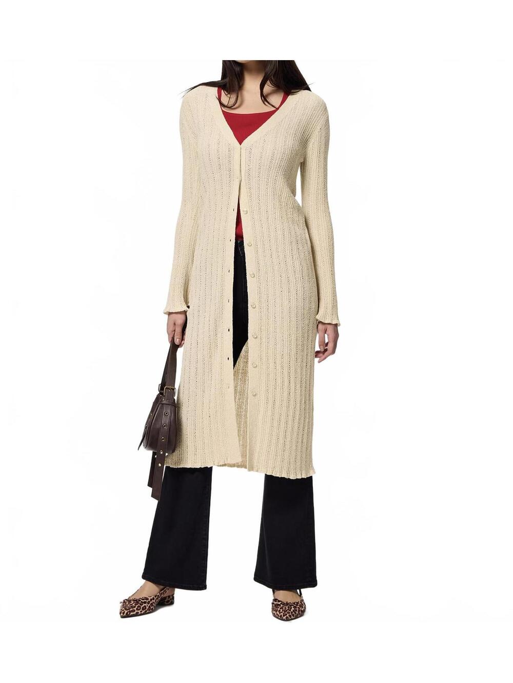 Uniqlo GU Loop Boucle Yarn Semi-Sheer Long Cardigan Beige
